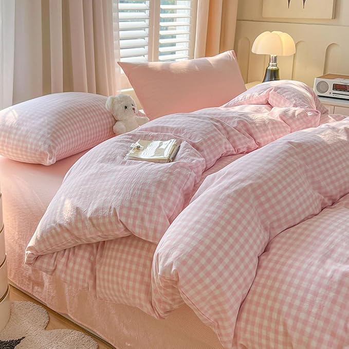 Nayoroom Gingham Duvet Cover King Size Pink White Plaid Checkered Comforter Cover 3 Pcs Soft Breathable Washed Microfiber Grid Farmhouse Bedding Set with Pillow Shams