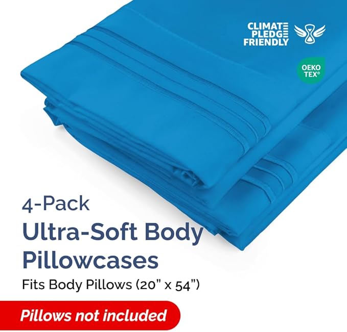 Body Pillowcases Set of 4-20x54 Long Body Pillow Case - Soft Body Pillow Cover for Sleeping & Side Sleepers - Comfy, Breathable & Fade Free - Machine Washable w/Envelope Enclosure - (Royal Blue)