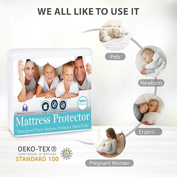 Mattress-Homes Short Queen Size Waterproof Mattress Protector Noiseless Premium Soft Cotton Terry Vinyl-Free Mattress Fitted Style Up to 15" for Pets Kids Adults, White