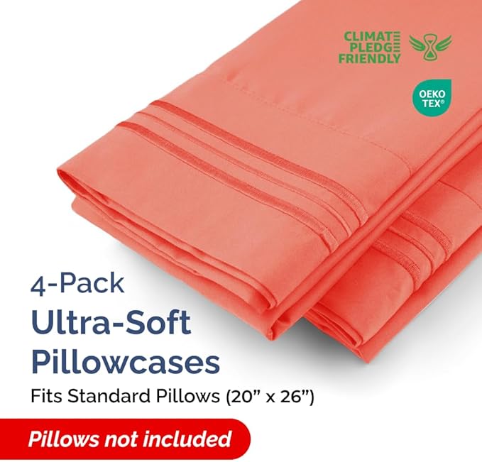 Standard Pillow Cases Set of 4 - Ultra Soft Hotel Quality Pillowcase Covers - Comfy Cozy Bedding for Women, Men, Kids & Teens - Machine Washable Pillow Protectors - 4 Piece Set - Standard Size Coral