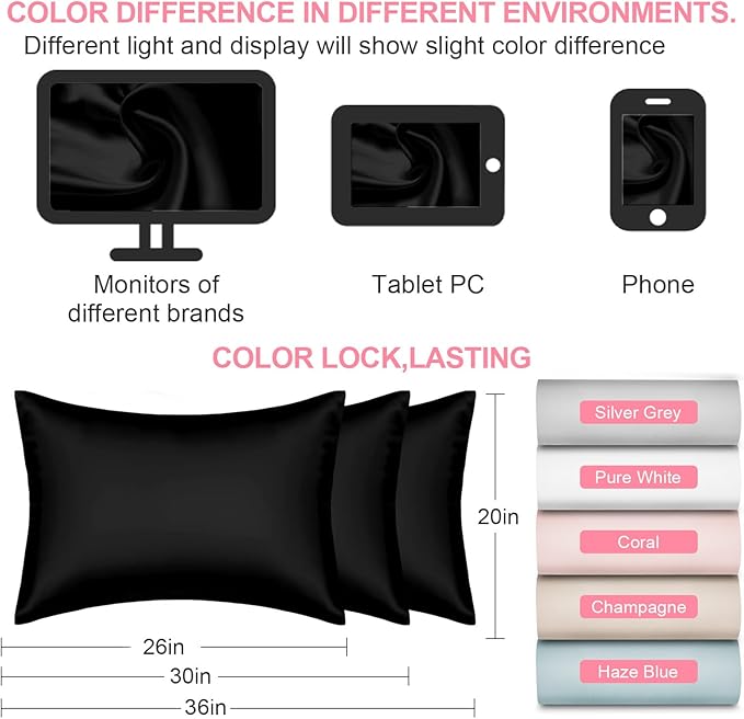 Silk Pillow Cases 2 Pack King Size with Hidden Zipper, Mulberry Silk Pillowcase for Hair and Skin, Smooth and Soft Breathable Cooling Silk Satin Pillowcase Set of 2, Gifts for Women，Black