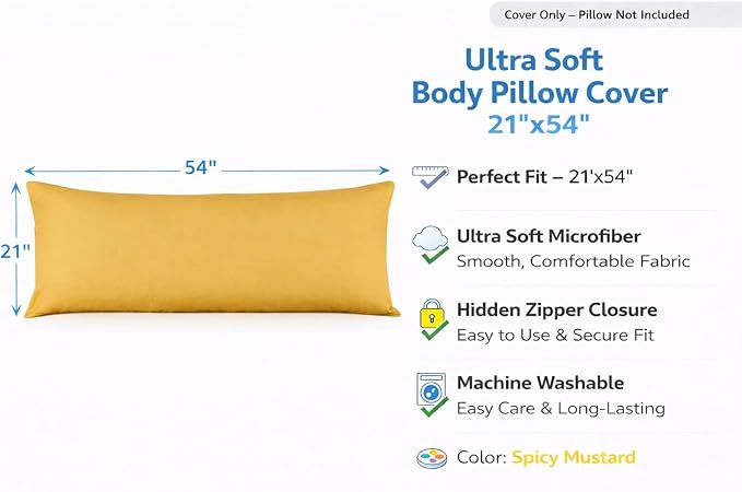 EVOLIVE Body Pillow Cover 21"x54", Ultra Soft Microfiber Pillowcase with Hidden Zipper, Breathable, Machine Washable, for Side Sleepers, Cover Only (21"x54" Body Pillow Cover, Spicy Mustard)