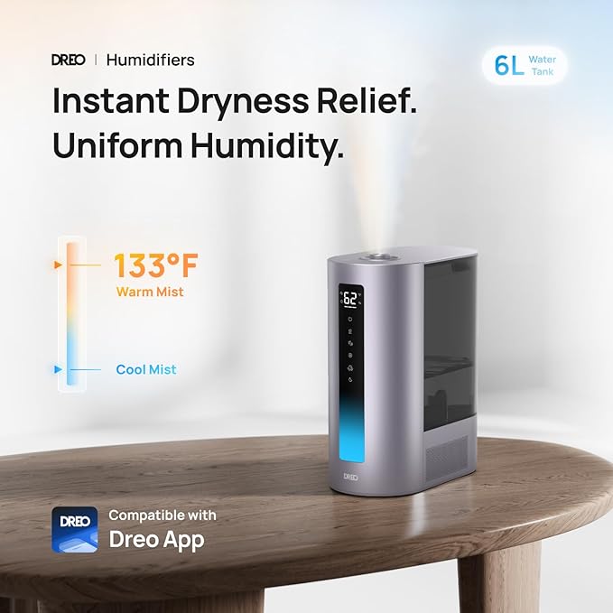 DREO 6L Humidifiers for Bedroom, Smart Warm & Cool Mist for Large Room, 60Hr Quiet Runtime for Baby, Plant, Humidity Sensor, Indicator Light, 12H Timer, Google/Alexa, Purple