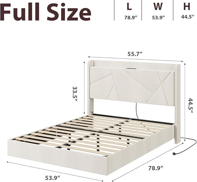 Garvee Full Size Floating Bed Frame with RGB LED Lights and Charging Station, Upholstered Platform Bed with Storage Headboard and Button Tufted Design, No Box Spring Needed, Beige