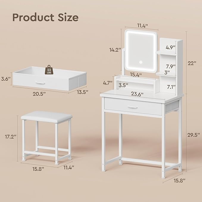YeTom Makeup Vanity Desk with Mirror and Lights, Small Vanity with Fabric Storage Drawer & Chair & Shelves, White Compact Makeup Vanity Set for Bedroom