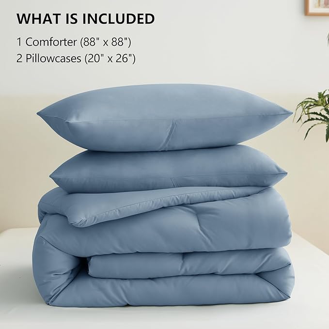 CozyLux Queen Comforter Set Grayish Blue, 3 Pieces Solid Comforters Queen Size Breathable Bedding Sets, Dusty Blue Luxury Soft Lightweight Bed Set with Down Alternative Comforter and 2 Pillowcases