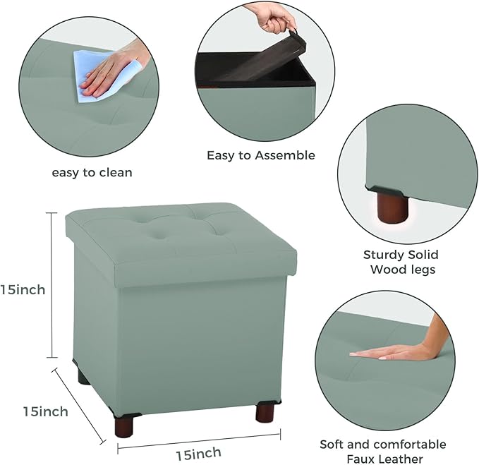 Dorriss Storage Ottoman, Ottoman with Storage for Living Room Square Ottoman with Tray Lid Bedroom Storage Footstool Cube Small Ottomans Foot Rest Stool with Legs Foldable Faxu Leather 15" Inches
