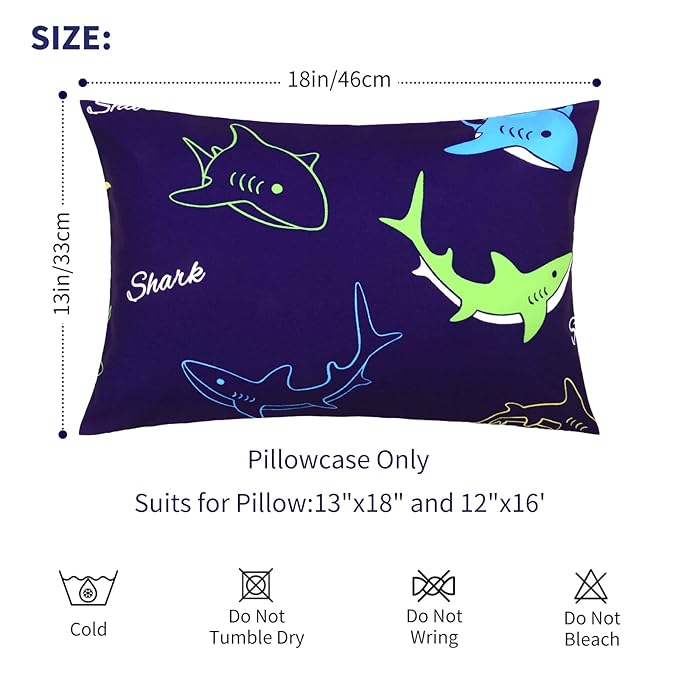 Cloele Kids Toddler Pillowcase Envelope Travel Pillowcase Baby Pillow Cover Fits Pillows Sized 12x16 or 13x18-1 Pack Soft Polyester Children's Bedding Pillowslip Case for Boys and Girls - Shark