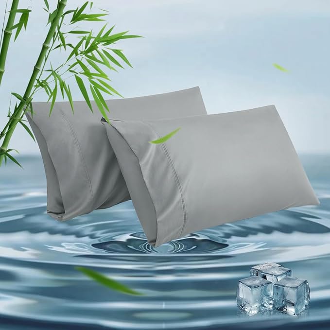 Standard Pillowcases, Cooling Viscose from Bamboo Pillow Covers with Envelope Closure, Soft Moisture-Wicking for Hot Sleepers, Hair and Skin-Friendly, Light Grey, 2 Pack