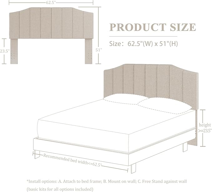 Furpopup Linen Queen Size Headboard, Upholstered Headboard Queen/Full Size Wall Mount and Bed Frame Mount, Featuring High-Density Sponge Padding Luxury Texture Easy Assembly Comfort Style-Beige