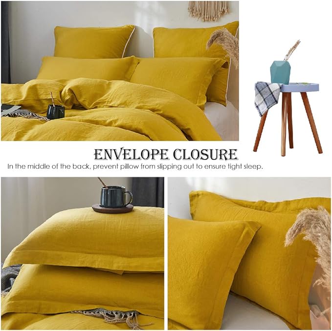 Simple&Opulence 100% Linen Duvet Cover Set 3pcs Basic Style Natural French Washed Flax Solid Color Soft Breathable Farmhouse Bedding with Button Closure - Mustard Yellow, King