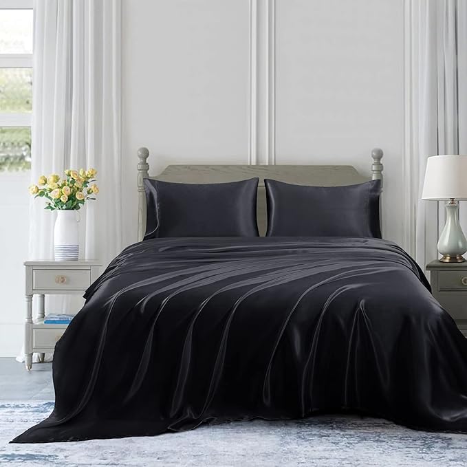Homiest 5pcs Satin Split King Sheets Sets for Adjustable Bed, Luxury Silky Satin Bedding Set with Deep Pocket, 2 Fitted Sheets + 1 Flat Sheet + 2 Pillowcases (Split King Size, Black)