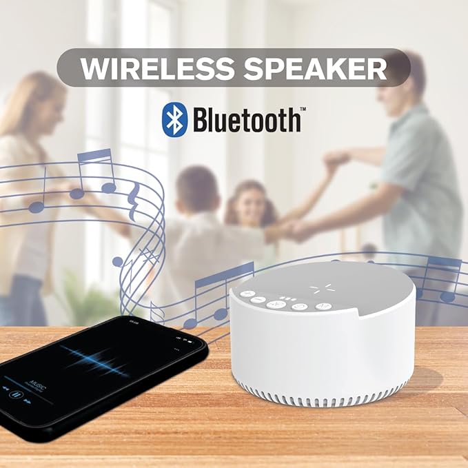 Sound Machine with Wireless Charger & Bluetooth Speaker – White Noise Sleep Aid with Memory Function, 6 Soothing Sounds, 3 Timer Modes – Compact Bedside Relaxation Device, White