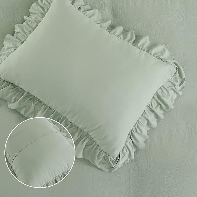 CAROMIO Sage Green Ruffled Duvet Cover Twin, 2PCS Soft Washed Microfiber Vintage French Country Duvet Cover Set for Kids Girls, Sage Green, 68x90 in