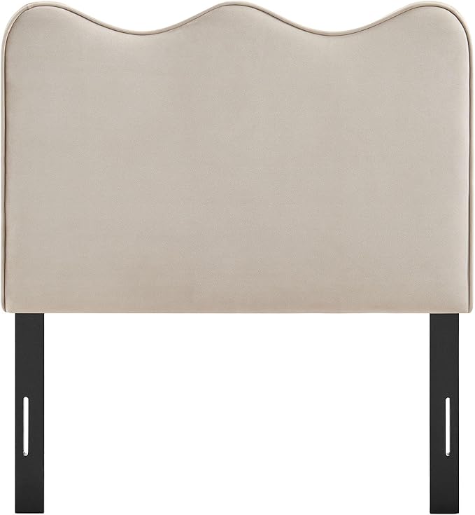Monday Athena Twin Size Performance Velvet Adjustable Headboard in Almond - with Scalloped Wave Design and Stain-Resistant Velvet Upholstery