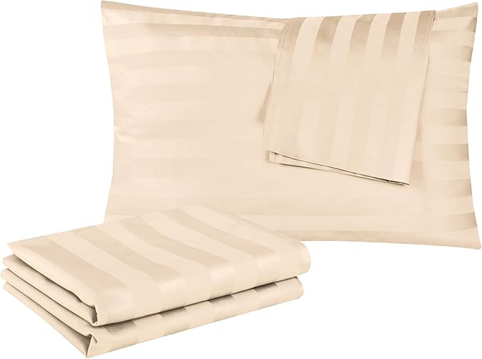 100% Egyptian Cotton King Pillow Protectors Set of 4, 400 Thread Count Sateen Weave Cooling Pillowcase, Easy Care Zippered Style Pillow Covers (4 Pack, Stripe-Beige,King)