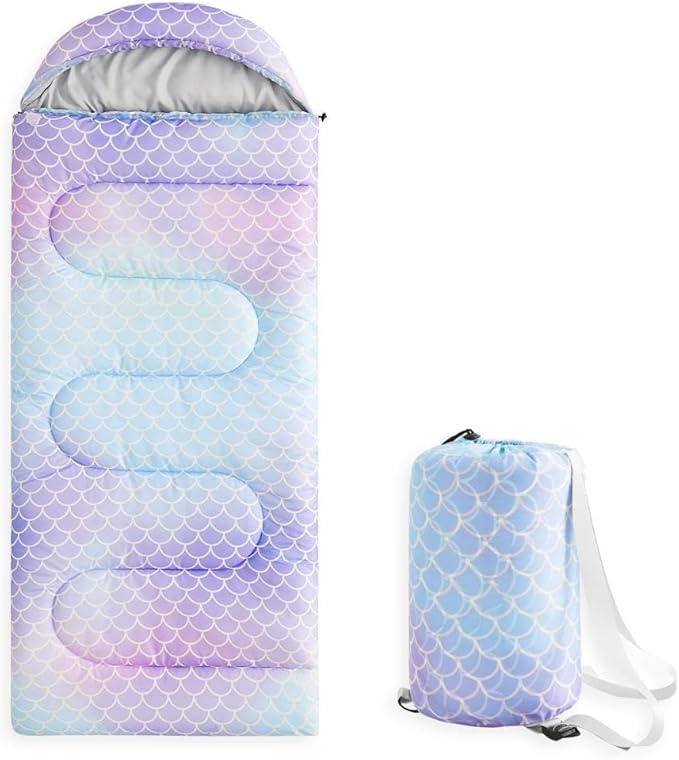 Wake In Cloud - Kids Sleeping Bag for Girls Toddlers, Camping in Warm Cold Weather, Backpacking Lightweight Compact Outdoor Liner for 3 Seasons Summer Spring Fall, Mermaid Purple Blue