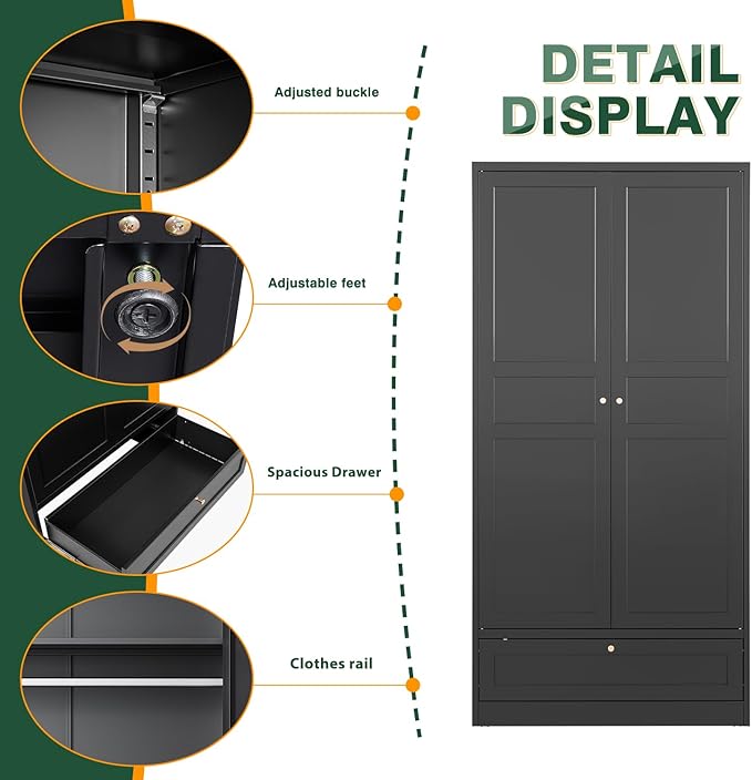 Letaya Wardrobe Closet,72" H Clothing Metal Storage Cabinet with Storage Drawer Adjustable Shelves and Hanging Rod,Bedroom Armoire Cabinet Clothes Organizer (Black) | Storage Drawer, Adjustable Shelves, Hanging Rod, Armoire Cabinet, Clothes Organizer