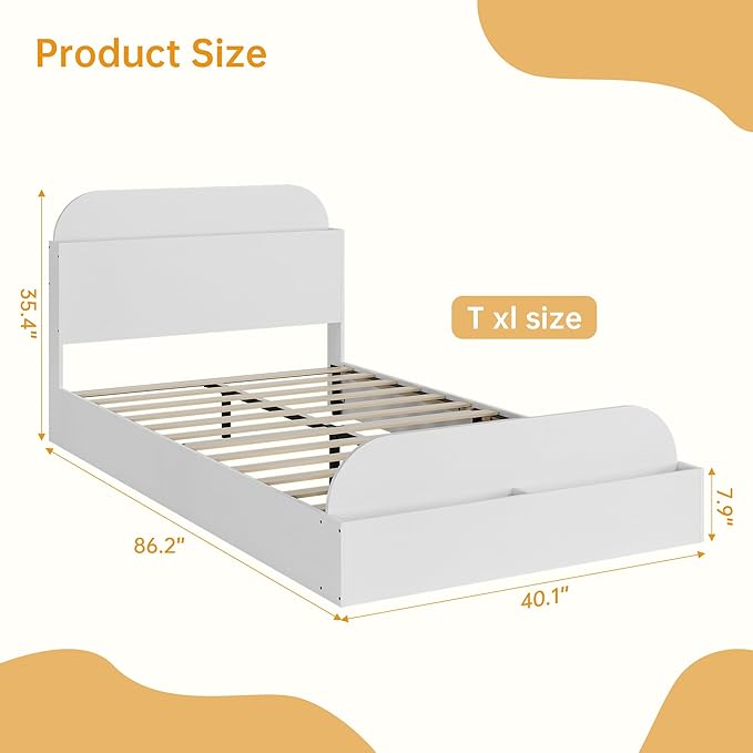 Garvee Twin XL Size Bed Frame with Storage Headboard and Raised Footboard – Wooden Twin-Floor Low Platform Bed for Kids, Heavy Duty & Noise Free, No Box Spring Needed, White