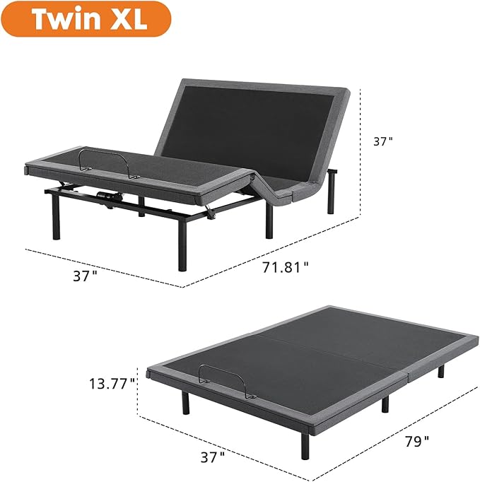 Sweetcrispy Twin XL Adjustable Bed Frame, Ergonomic Electric Base with Wireless Remote and 2 USB Ports, Head and Foot Incline, Zero Gravity, Anti-Snore, Easy Assembly