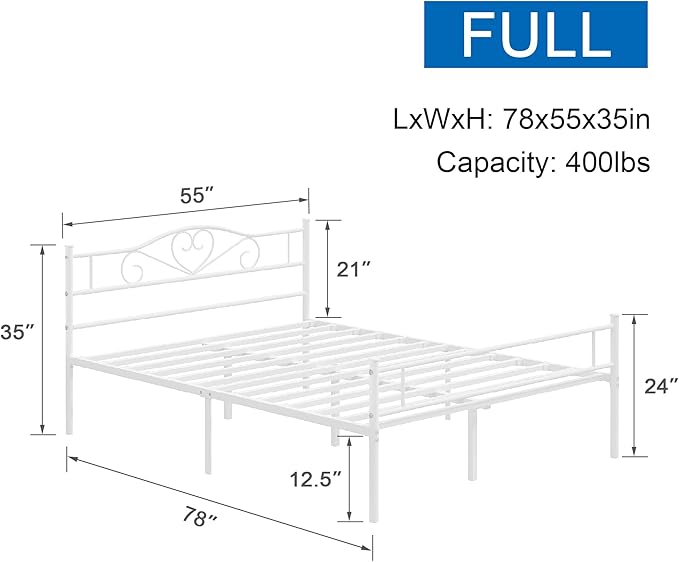VECELO 14 Inch Full Size Metal Platform Bed Frame with Headboard and Footboard, Heavy Duty Mattress Foundation with Steel Slats Support, No Box Spring Needed, White