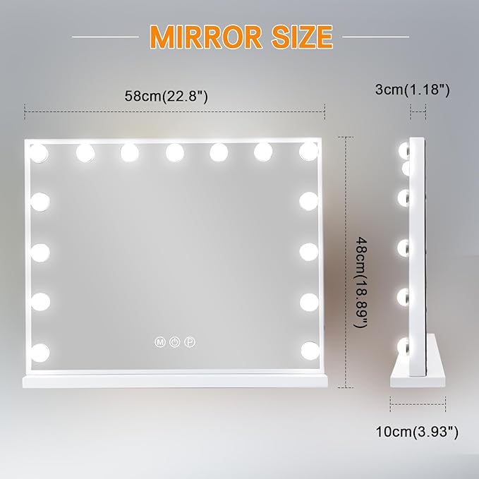 FENCHILIN Vanity Mirror with Lights, 22.8"x 18.1" Hollywood Makeup Mirror with 15 LED Dimmable Bulbs Lighted USB Charging Port 10X Magnification Tabletop for Bedroom