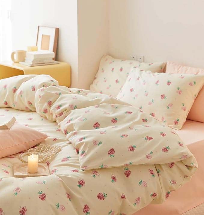 Nayoroom Strawberry Duvet Cover Set Full Size Girls Cute Pink Strawberries Kawaii Comforter Cover 2 Pieces Soft Lightweight Microfiber Cream White Bedding with Zipper Closure