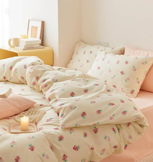 Nayoroom Strawberry Duvet Cover Set Full Size Girls Cute Pink Strawberries Kawaii Comforter Cover 2 Pieces Soft Lightweight Microfiber Cream White Bedding with Zipper Closure