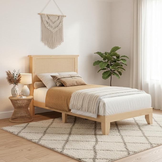 Garvee Twin Rattan Bed Frame, Bohemian Rattan Bed Frame Twin with Natural Headboard, LED Lights, No Box Spring Needed