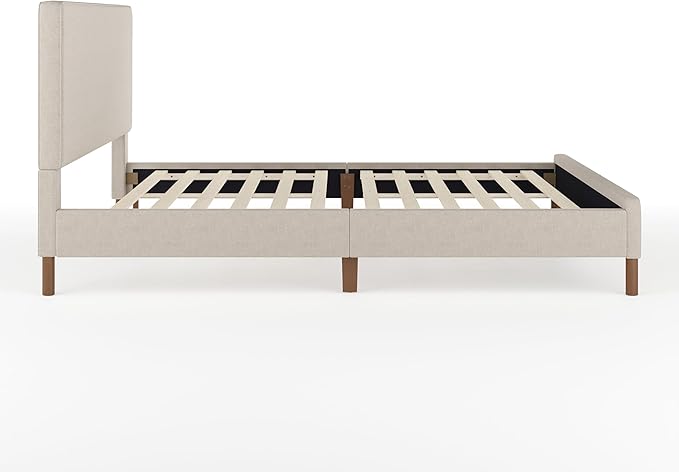 Martha Stewart Britta Platform Bed with Headboard & Footboard, Faux Linen Upholstery with Piping Detail, Rounded Headboard, No Box Spring Needed, Queen, Beige