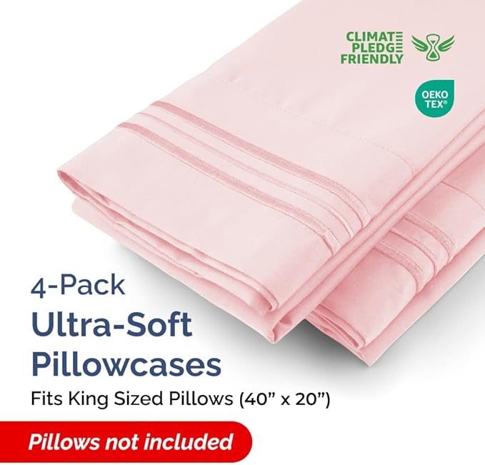 King Pillow Cases Set of 4 - Ultra Soft Hotel Quality Pillowcase Covers - Comfy, Cozy & Wrinkle Free - Shrinkage, Stain & Fade Resistant - Machine Washable Pillow Protectors - 4 Piece Set - Baby Pink