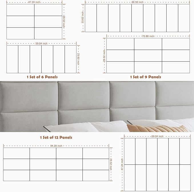 IFNOW Wall Mounted Upholstered Headboard Queen, 3D Peel and Stick Soundproof Panels, Reusable and Removable Padded Leather Bed Headboard, 9 Panels 9.84" x 23.62", Light Grey