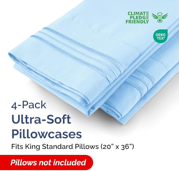King Standard Pillow Cases Set of 4 - Soft Hotel Quality Pillowcase Covers - Comfy Bedding for Women, Men, Kids & Teens - Machine Washable Pillow Protectors - 4 Piece Set - King Standard Light Blue