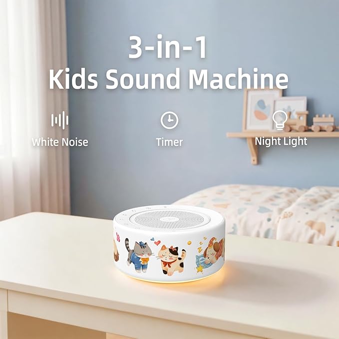 Kipcush White Noise Machine - Soft Non-Glare Nursery Lamp, 30 Soothing Sounds, 8 Color Lights, Max 8-Hour Timer for Baby & Adults (Kittens & Puppies, Standard)