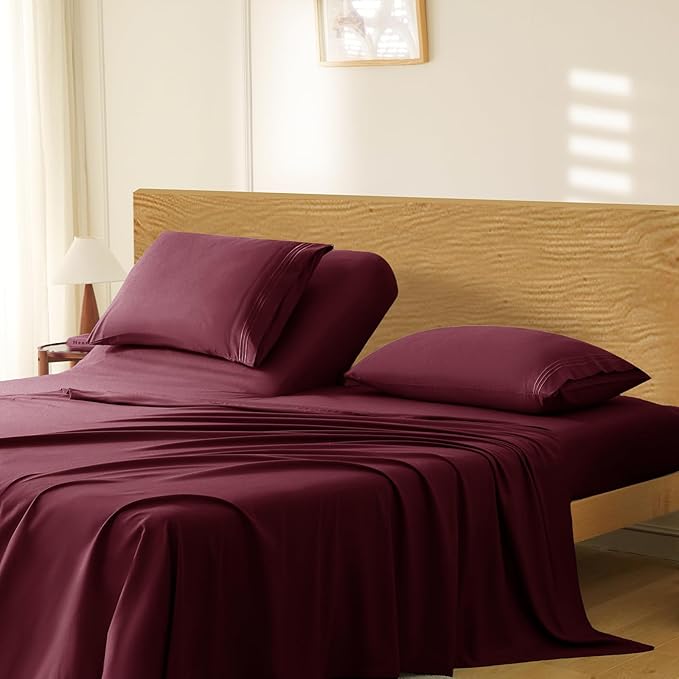 Manyshofu 4 Piece Split Head California King Sheets Sets for Adjustable Bed Sheet, Flex Head Split Top Cal King Sheets Burgundy Sheet Set - 1800 Thread Count Bedding Set with 14-16 Inch Deep Pockets
