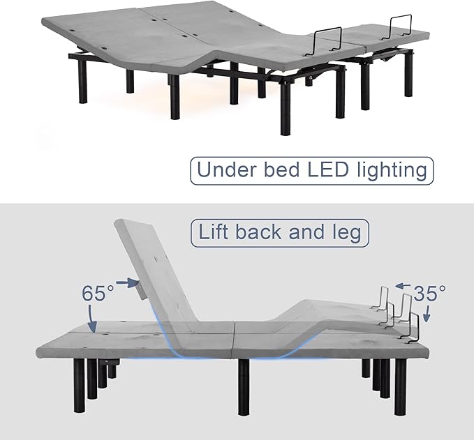 Fromann Adjustable Electric Split King Bed Base Frame with Massage, USB Type-C Ports, Zero Gravity, Under Bed Led Lighting and Three Leg Height (Grey)