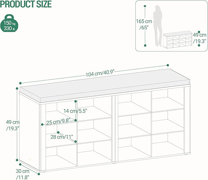 Hzuaneri Shoe Bench with Cushion, Entryway Storage Bench with 12 Cubbies, Cubby Shoe Rack with Adjustable Shelves, Shoe Organizer Cabinet for Living Room, Bedroom, Entryway, White SB19003GY