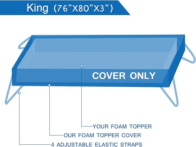 3 Inch Mattress Topper Cover King Size (Only Cover) Cooling Rayon Zippered Cover for Mattress Topper with Adjustable Straps for Latex Memory Foam Mattress Cover