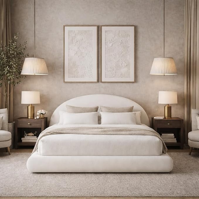 Round Bed – Washable Zip Cover - Upholstered Linen Soft Foam - Modular Minimalist Modern - Half Circle Moon - Sold Sold Separately (Waterproof White Linen, Queen Headboard)
