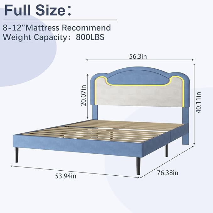 Garvee Full Size Upholstered Bed Frame with LED Lights & Fabric Headboard, Princess Platform Bed for Girls with Wood Slats, No Box Spring Needed (Blue White)