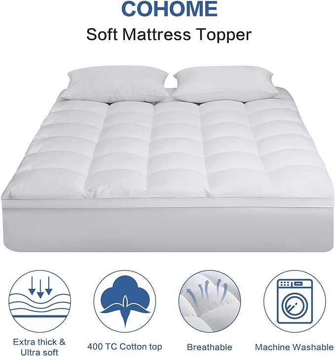 COHOME California King Mattress Topper Extra Thick Cooling Mattress Pad 400TC Cotton Top Plush Down Alternative Fill Pillow Top Mattress Cover with 8-21 Inch Deep Pocket (72x84 Inches, White-Classic)