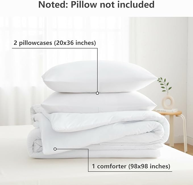 CozyLux Oversized Queen Comforter Set White, 3 Pieces 98x98 Solid Breathable Quilted Bedding Sets for All Season, Luxury Soft Lightweight Bed Set with Down Alternative Comforter and 2 Pillowcases