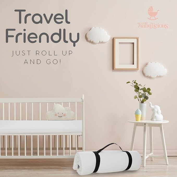 Babylicious Waterproof Pack and Play Mattress Pad - 38" x 26" | Roll Up Style - Breathable Soft Memory Foam - Portable Mattress Topper- Baby Foam Mattresses for Babies - Includes Easy Carry Buckle