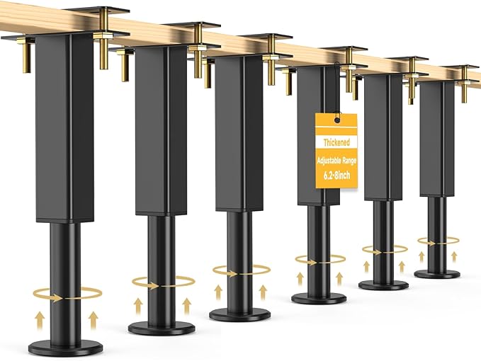 6PCS Adjustable Height Bed Support Legs, 6.2-8 In, Metal Heavy Bed Risers with Non-Slip Rubber Base, Replacement Furniture Feet for King Queen Frame Slats, Sofa, Couch, Cabinet, Dresser, Table