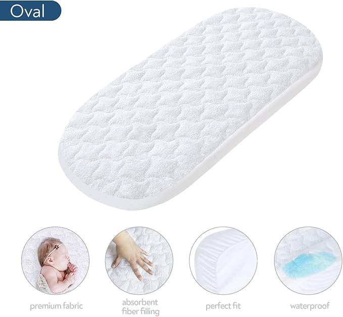 Moses Basket Mattress Pad 16" x 30" - Fit for Plum Sparrow, Baby Delight Slumber/Beside Me Doze, 4moms MamaRoo Sleep Bassinet, Waterproof Quilted Mattress Protector, Cotton Terry Surface