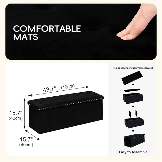 PINPLUS Black Storage Ottoman Bench for Bedroom, Folding Velvet Chest with Benches Foot Rest Stool, Large Long Shoes Chest for Bedroom, Living Room, 43.3"x15.7"x15.7"