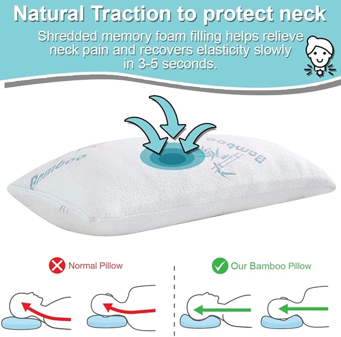 Kova Harper Cooling Rayon of Bamboo Pillows King Size for Sleeping, +1 Extra Washable Zippered Breathable Cover Soft Shredded Adjustable Memory Foam, Relieves Neck Pain for Back/Stomach/Side Sleeper