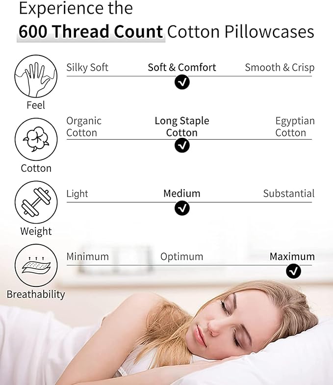 Warmstar Cotton Pillow Cases Standard Size Set of 2, 600 Thread Count Pillowcases 20x26 Inches, Soft Long Staple Cotton Pillowcases Breathable with Envelope Closure,Placid Blue