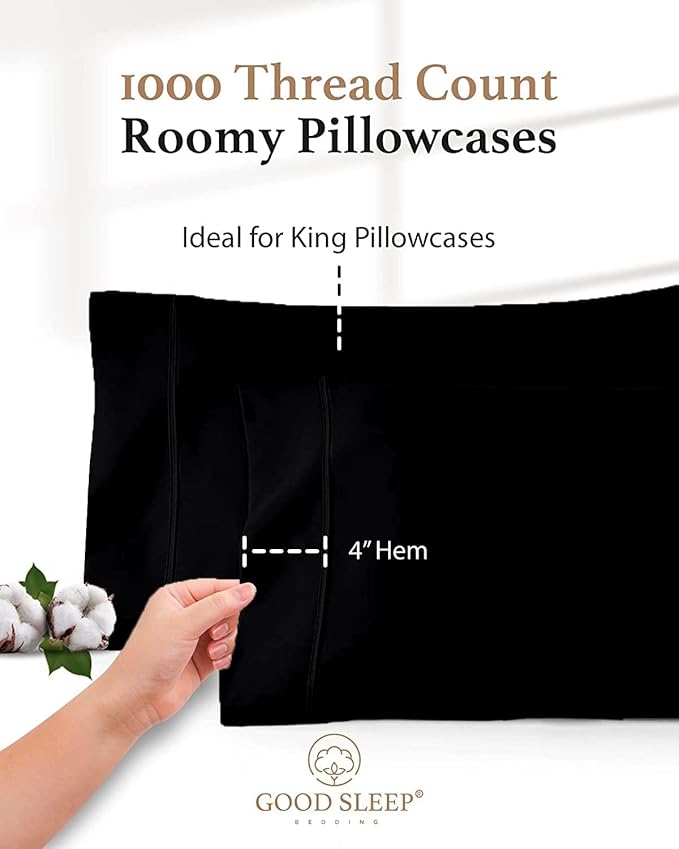 1000 TC Black Standard Pillowcases Set of 4 100% Egyptian Cotton Pillow Cases with Long Staple Cotton & Sateen Weave, Silky Soft Hotel - Like Bed Pillow Covers for Comfy Sleeping, Snug Fit