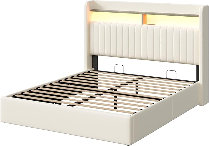 SHA CERLIN Queen Size Lift Up Storage Bed Frame/LED Lights/Charging Station/2-Tier Shelves Headboard/USB,Type-C Ports/Velvet Upholstered/Hydraulic Support/No Box Spring Needed/Noise Free/Cream